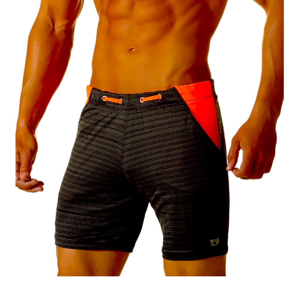 NWT Junk Under Jeans square cut swim S  black/grey stripe with orange accents.